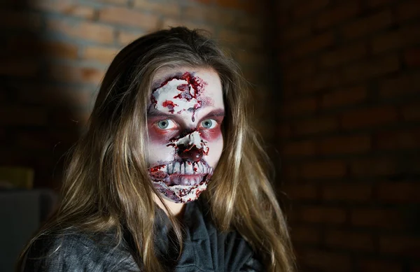 Creepy Halloween Woman Zombie Monster With Blood on Face — Stock Photo #38511027