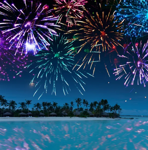 Festive New Year\'s fireworks over the tropical island