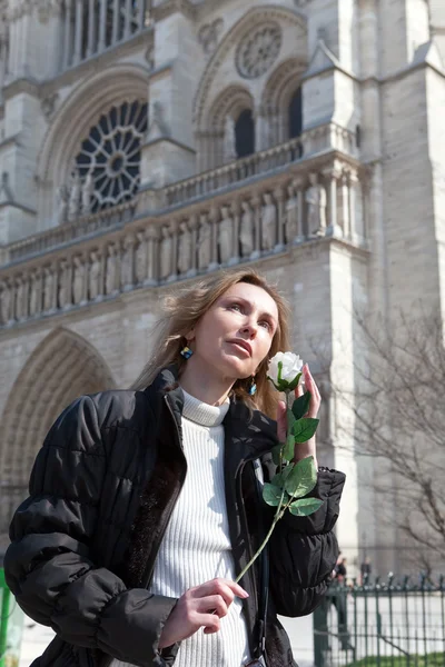 The beautiful woman with a rose before Notre Dame de Paris