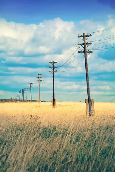 Old wooden electric pillar in the field,with a retro effect