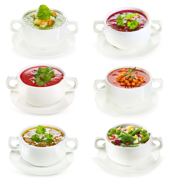 Set of various bowls of soup