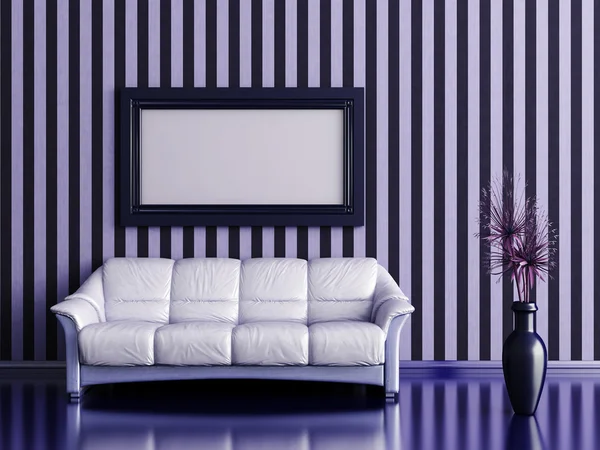 Interior with sofa and plant in a vase on a background of striped wall