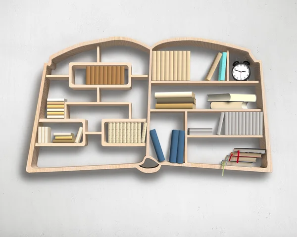 Wooden bookshelf in book shape on wall