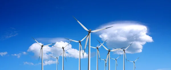 Wind farm on blue sky, panorama