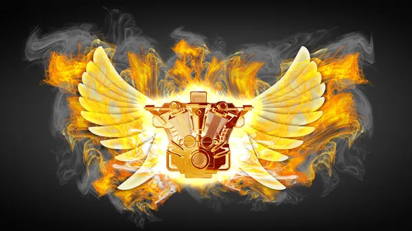 Chromed motorcycle engine with wings in Fire.