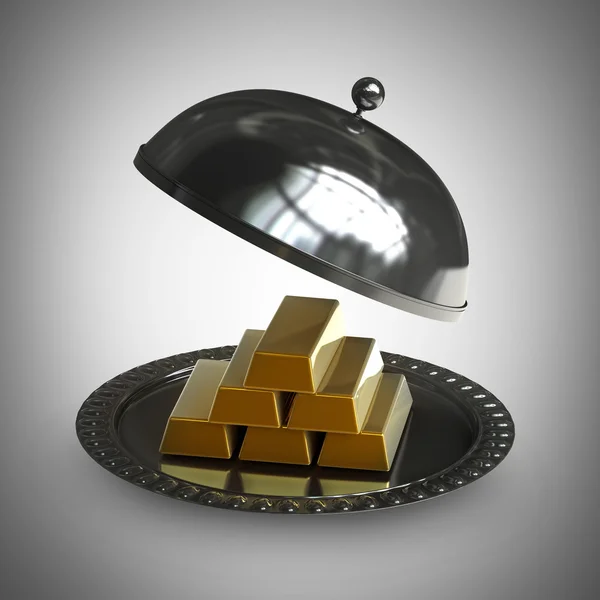 3d illustration. open empty metal silver platter with gold bars High resolution 3d render
