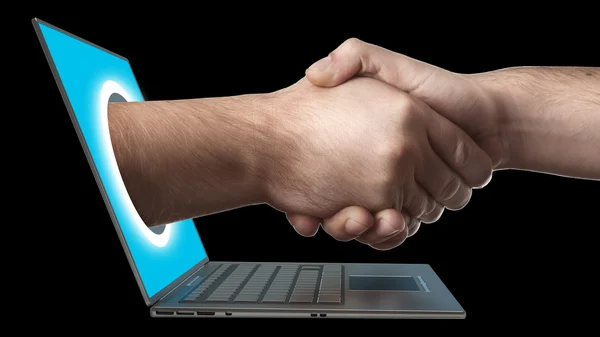 A hand comes right out of the laptop screen to shake hands