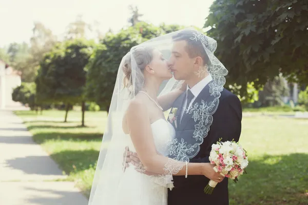 Bride and groom kissing in the park