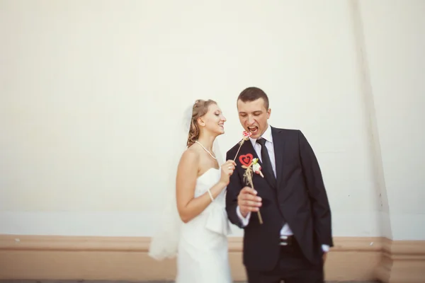Bride and groom with hearts on sticks