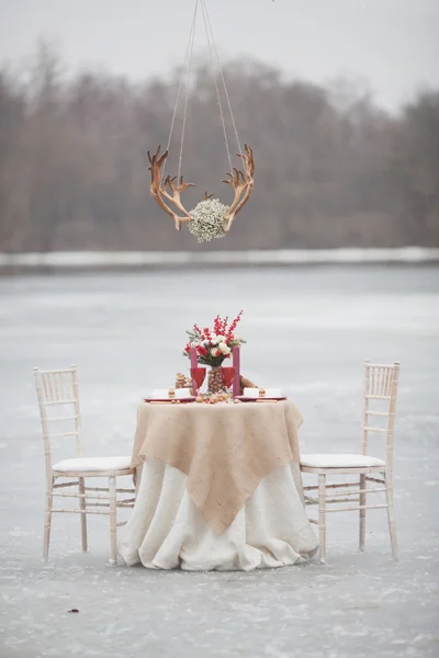 Christmas decorations, wedding table in the park, with deer antl