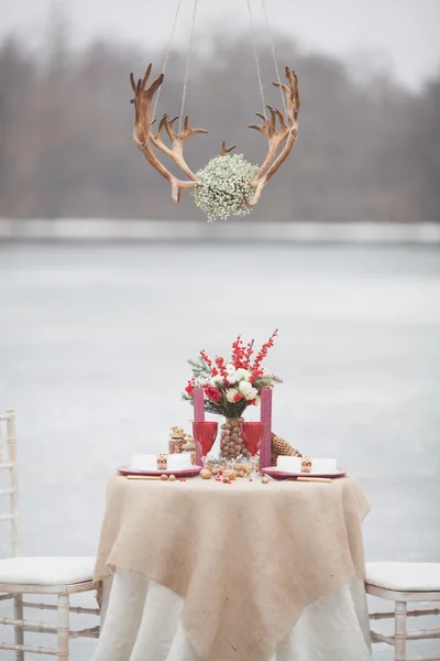Christmas decorations, wedding table in the park, with deer antl