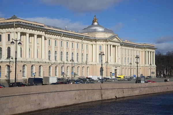 A view of the facade of the building of the Academy of arts on a March day. Saint-Petersburg