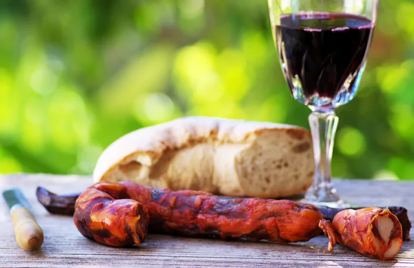 Meat bread and wine,