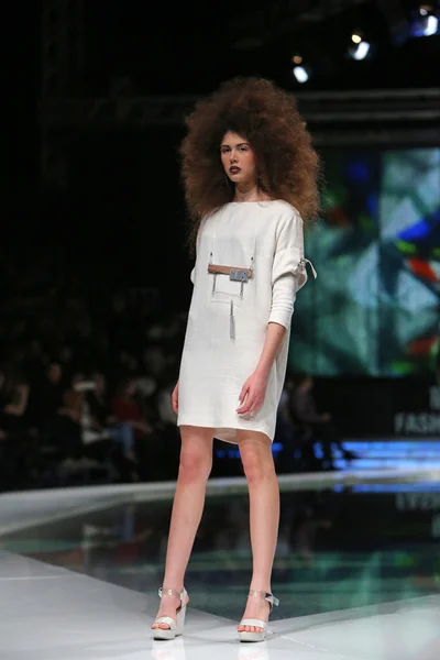 Fashion model wearing clothes designed by Marina Design on the 'Fashion.hr' show in Zagreb, Croatia