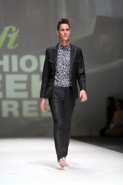 Fashion model wearing clothes designed by Toni Rico on the Zagreb Fashion Week on May 09, 2014 in Zagreb, Croatia