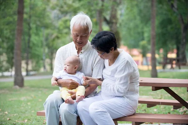 Asian grandparents playing with grandson