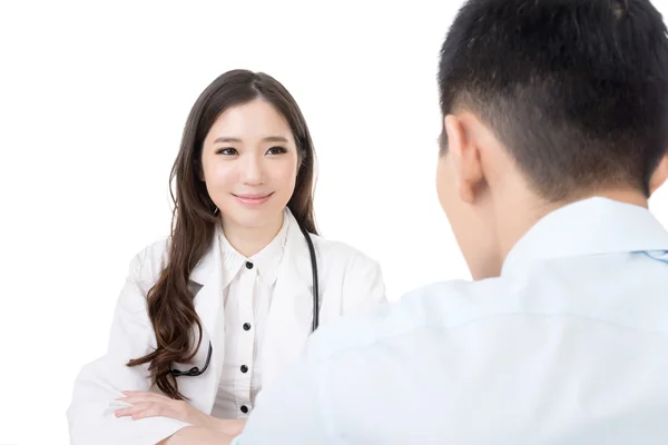 Asian doctor woman talking to a man