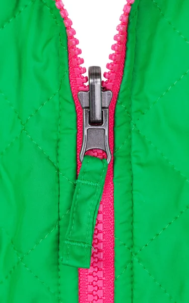 Pink zipper on the green jacket