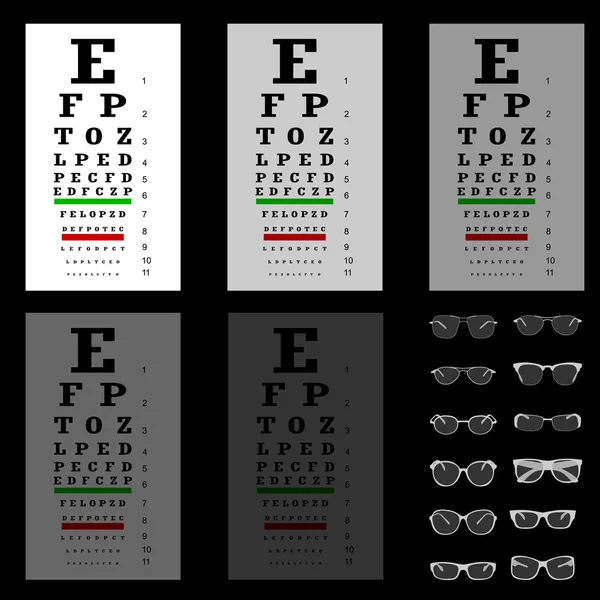 Eye test chart with glasses, vector