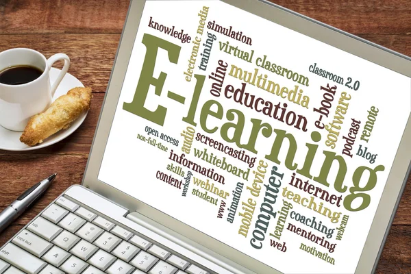 E-learning word cloud on laptop