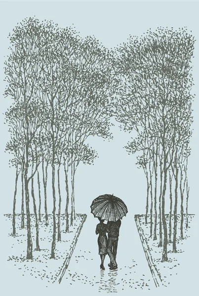 Vector landscape. Couple with umbrella walking down the alley