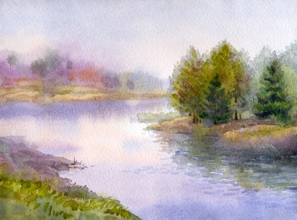 Watercolor landscape. Gorgeous evening on the forest lake