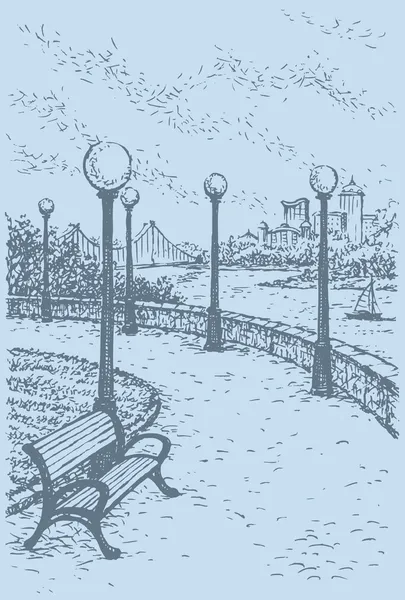 Vector landscape. Bench and lanterns above the river