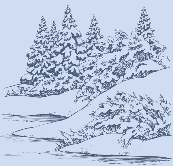 Vector sketch. Winter forest landscape with frozen river