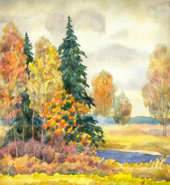 Watercolor landscape. Gloomy autumn forest