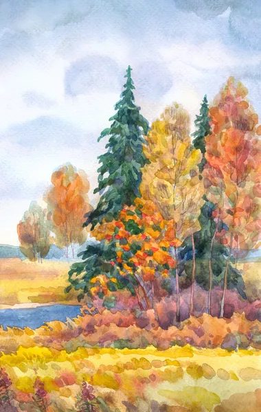 Watercolor landscape. Yellowing trees near a stream