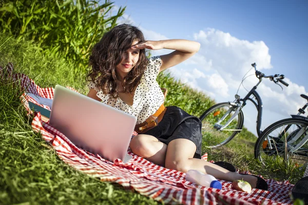 Women, picnic and computer!