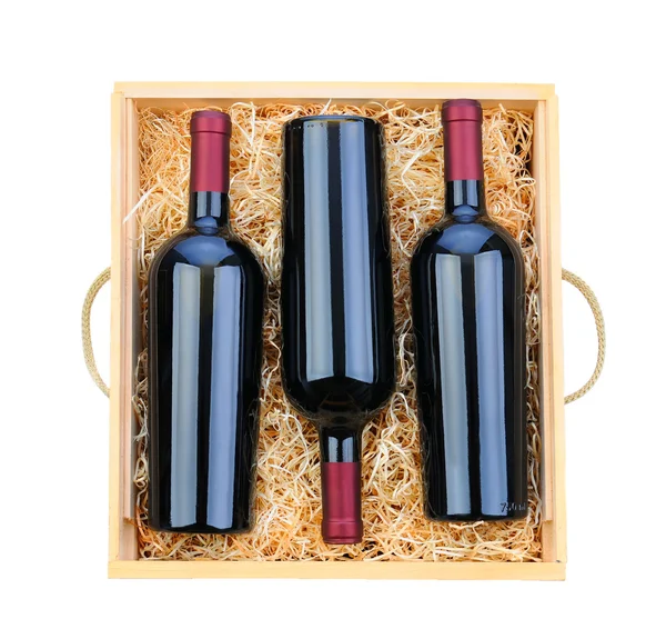 Three Red Wine Bottles in Wood Case — Stock Photo #19280411