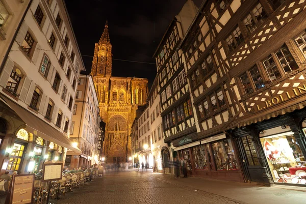 Strasbourg Cathedral and main square at night, France