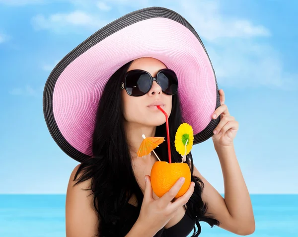Summer vacation woman smile drink exotic tropical cocktail