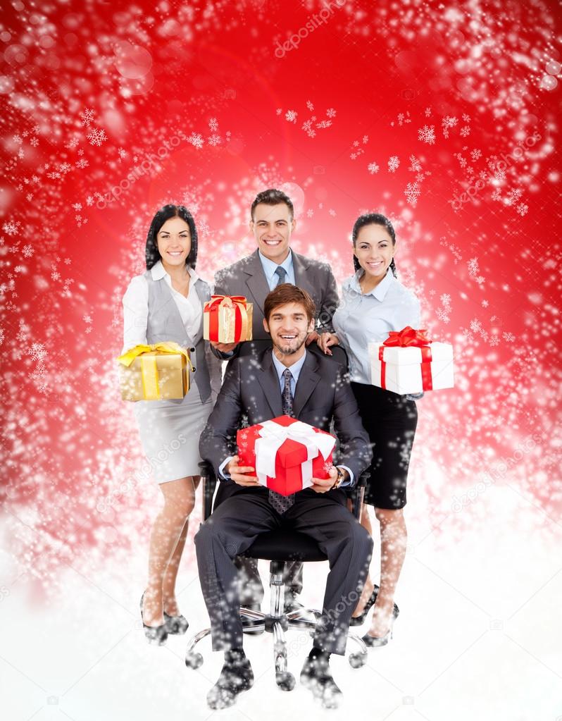business people christmas group team hold gift boxes business people christmas group team hold gift boxes