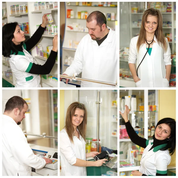 Collage. Doctor at pharmacy