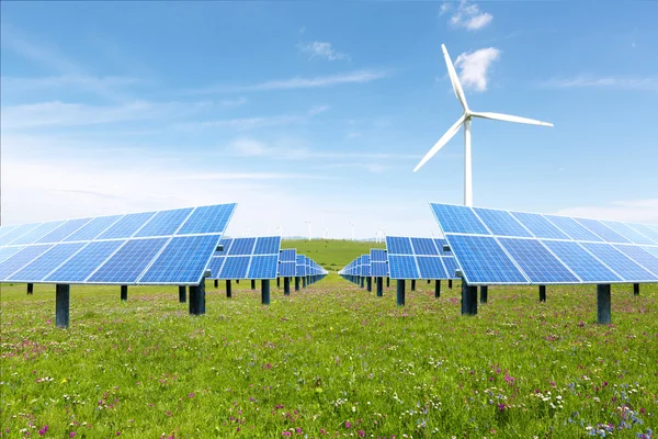 Wind turbines and solar panels. Green energy