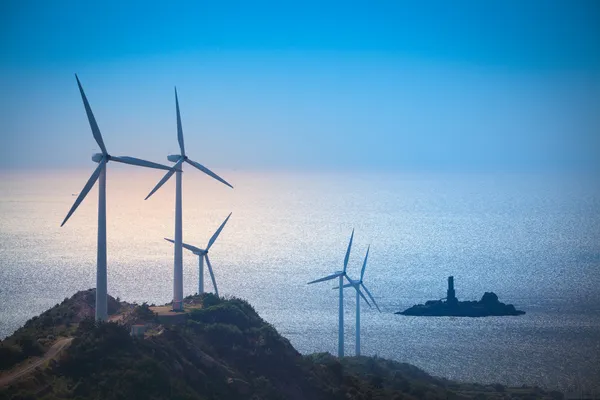 Wind turbines generating electricity at the beach