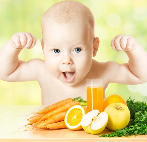 Baby fresh fruit meal and juice glass. Kid strong and happy, healthy vitamin vegetable food