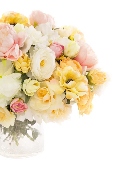 Flowers bouquet peony in vase, pastel floral colors isolated over white background