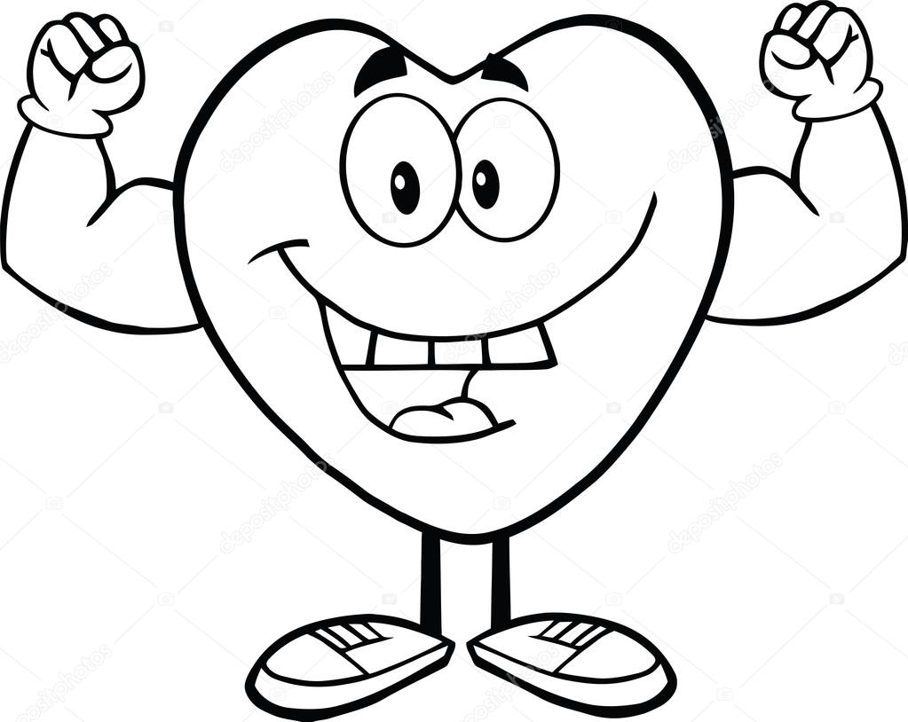 Black And White Happy Heart Cartoon Character Showing Muscle Arms