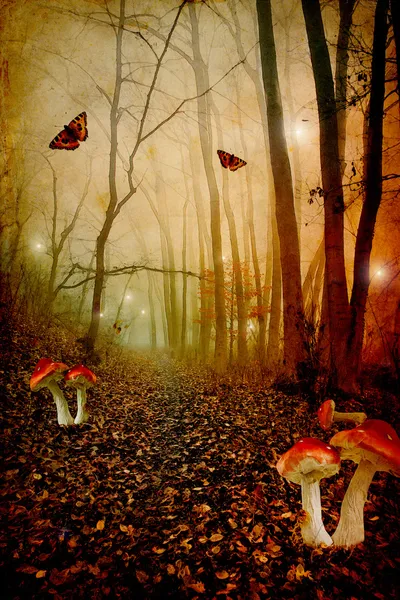 Red spotted mushrooms in a tale forest