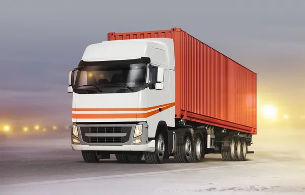 Truck on ice road in blizzard