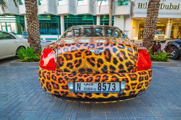 Panther paint Bentley parked outside the Hilton Dubai Hotel