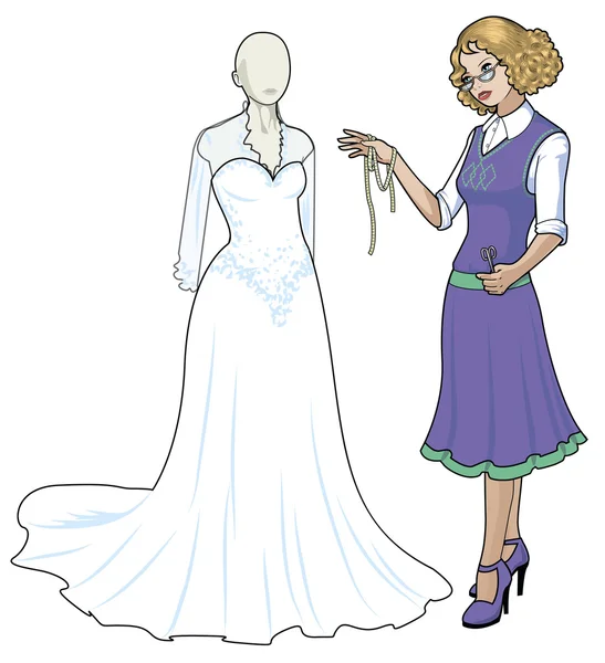 Caucasian female costume designer works on wedding gown