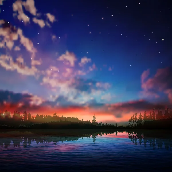 Abstract night nature background with forest lake