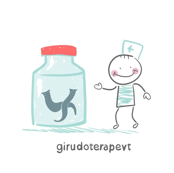 Girudoterapevt stands next to a jar of leeches