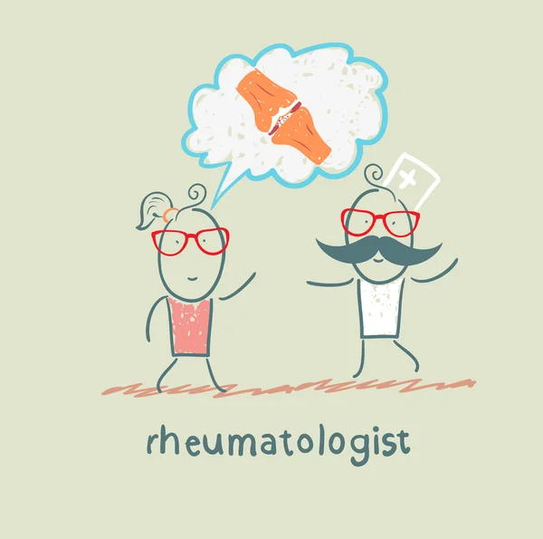 Rheumatologist listens to the patient, who speaks of the pain in the joints