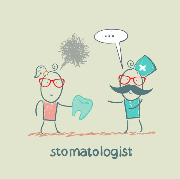 Stomatologist says to the patient, who is holding a bad tooth
