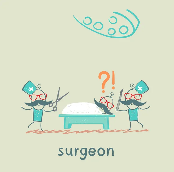 Surgeon holding a scalpel and scissors and stands near the patient, who is lying on the operating table